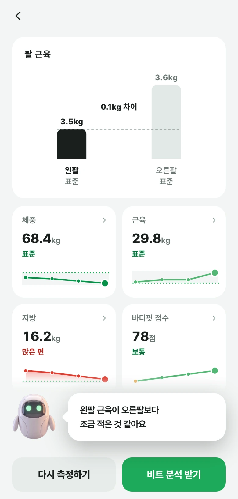 비핏 데일리 앱의 측정 결과 요약 화면